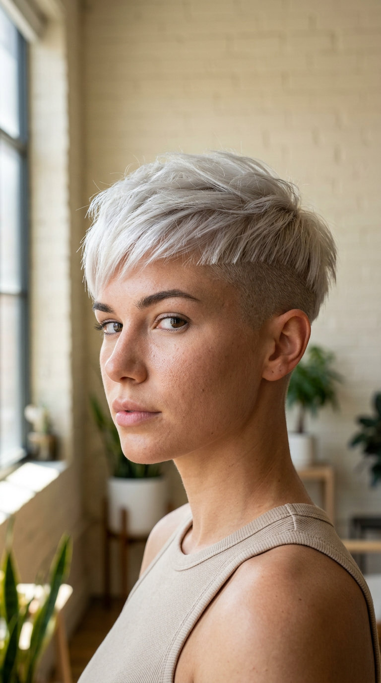 Icy Platinum Pixie 2026: Edgy & Bold very short icy platinum pixie haircut with textured layers and side-swept micro-fringe for summer