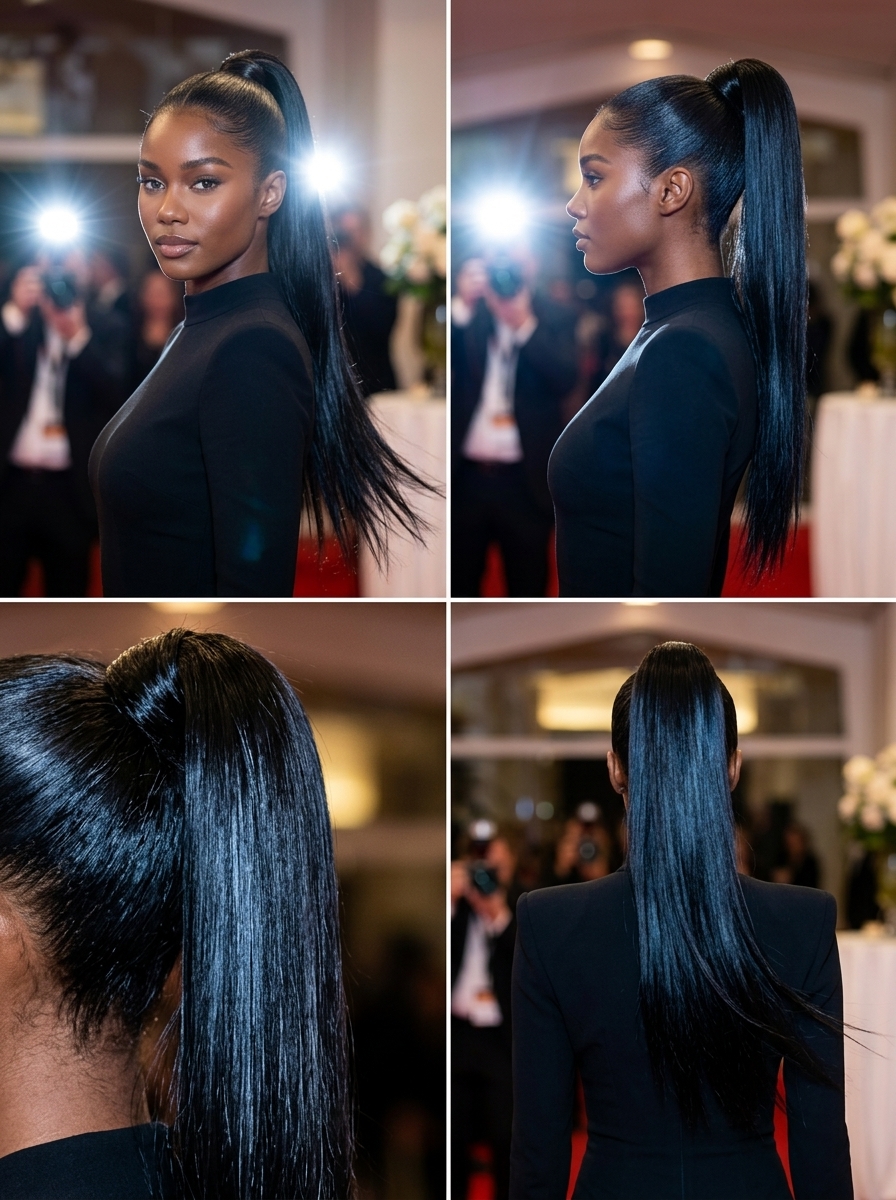 Jet Black Sleek Ponytail 2026 extra long blunt cut in jet black with cool blue-black undertones for summer palm tree ponytail 2026