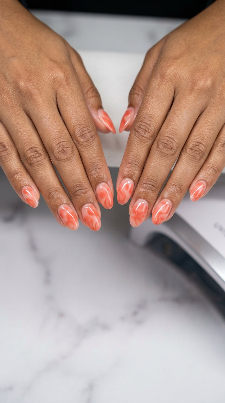 Abstract Coral Bloom Nails | June 2026 Trends Abstract coral bloom manicure: sheer coral swirls over negative space. June manicure ideas - summer trends 2026.