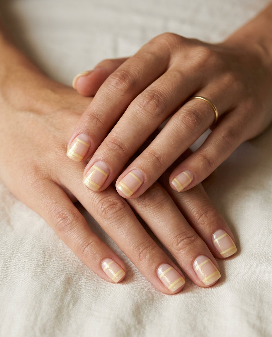 Butter Yellow Shimmer Lines on Nude - Summer Trends 2026 Butter Yellow Shimmer Lines on Nude nails: minimalist chic for daily wear and office.