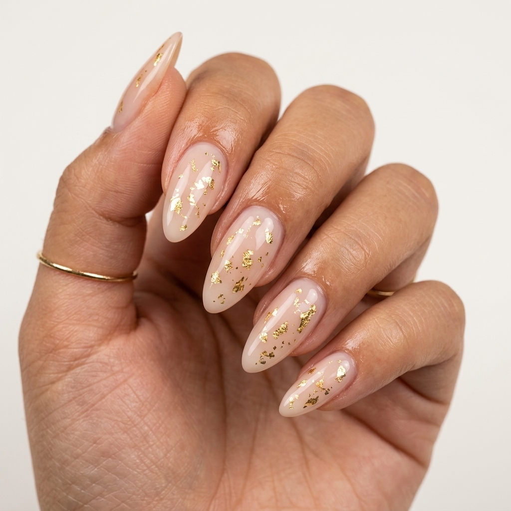 Gilded Nude Accent Nails - Summer Trends 2026 Gilded Nude Accent nails: sheer milky nude with gold foil for weddings and summer soirees.