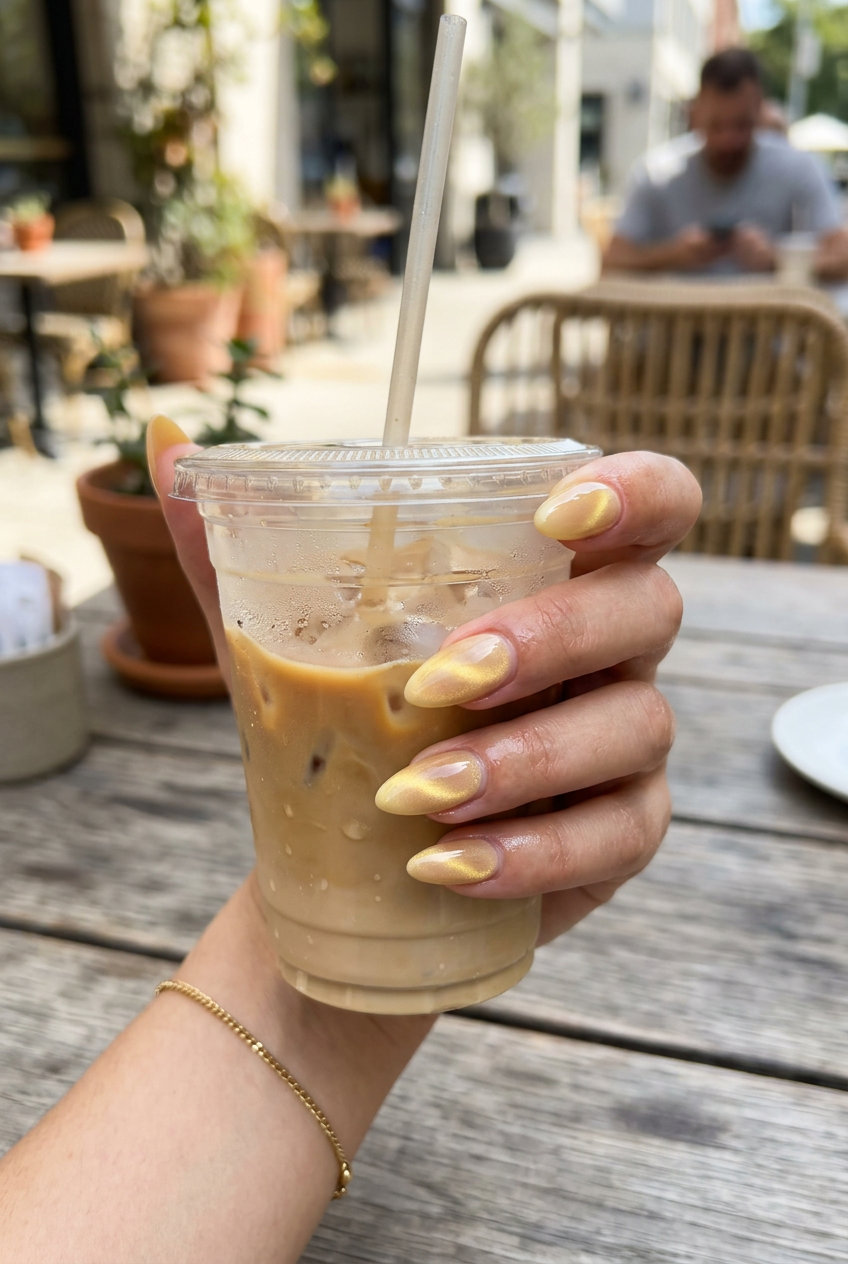 Golden Hour Cat-Eye Glossy Nails - Summer Trends 2026 Golden Hour Cat-Eye Glossy nails: soft butter yellow with golden shift for date nights.