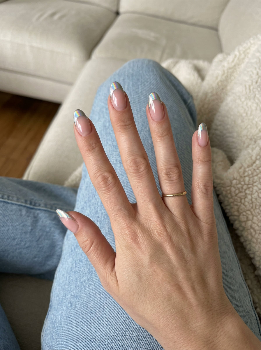 Holo Silver French Revival Nails | June 2026 Trends Holo silver French revival manicure: nude base with holographic silver tips. June manicure ideas - summer trends 2026.