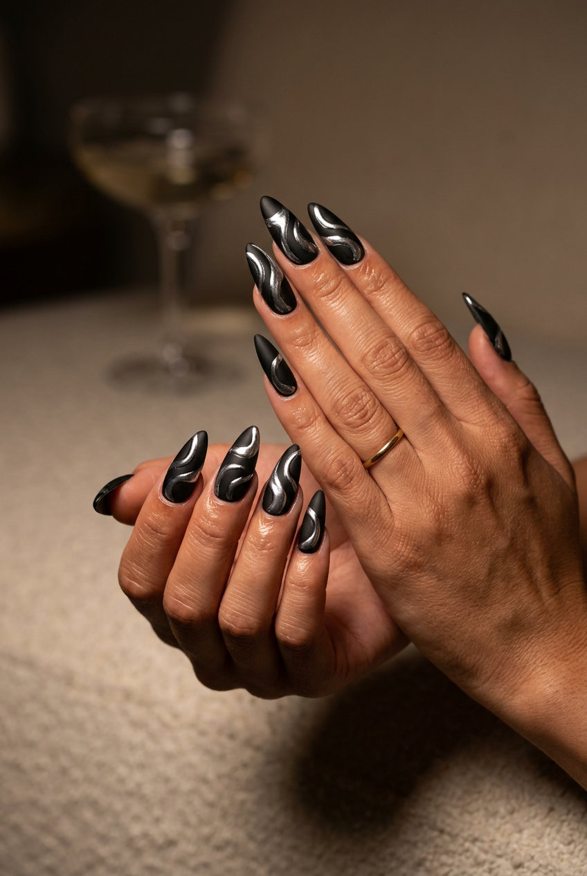 Metallic Silver Swirls on Matte Black - Summer Trends 2026 Metallic Silver Abstract Swirls on matte black nails: edgy, futuristic style for festivals and concerts.
