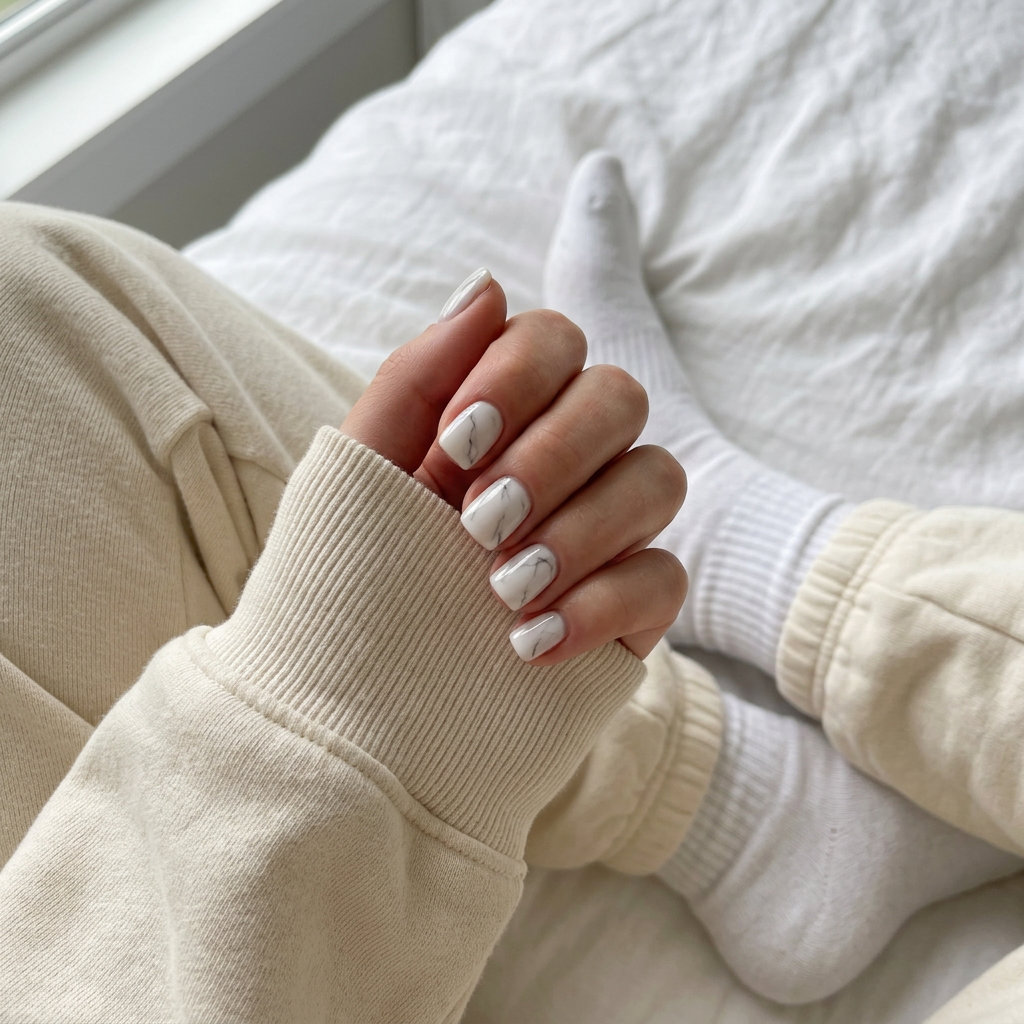 Milky Marble Chic Almond Nails - Summer Trends 2026 Milky Marble Chic Almond nails: milky white with soft grey marble veins for office and daily wear.