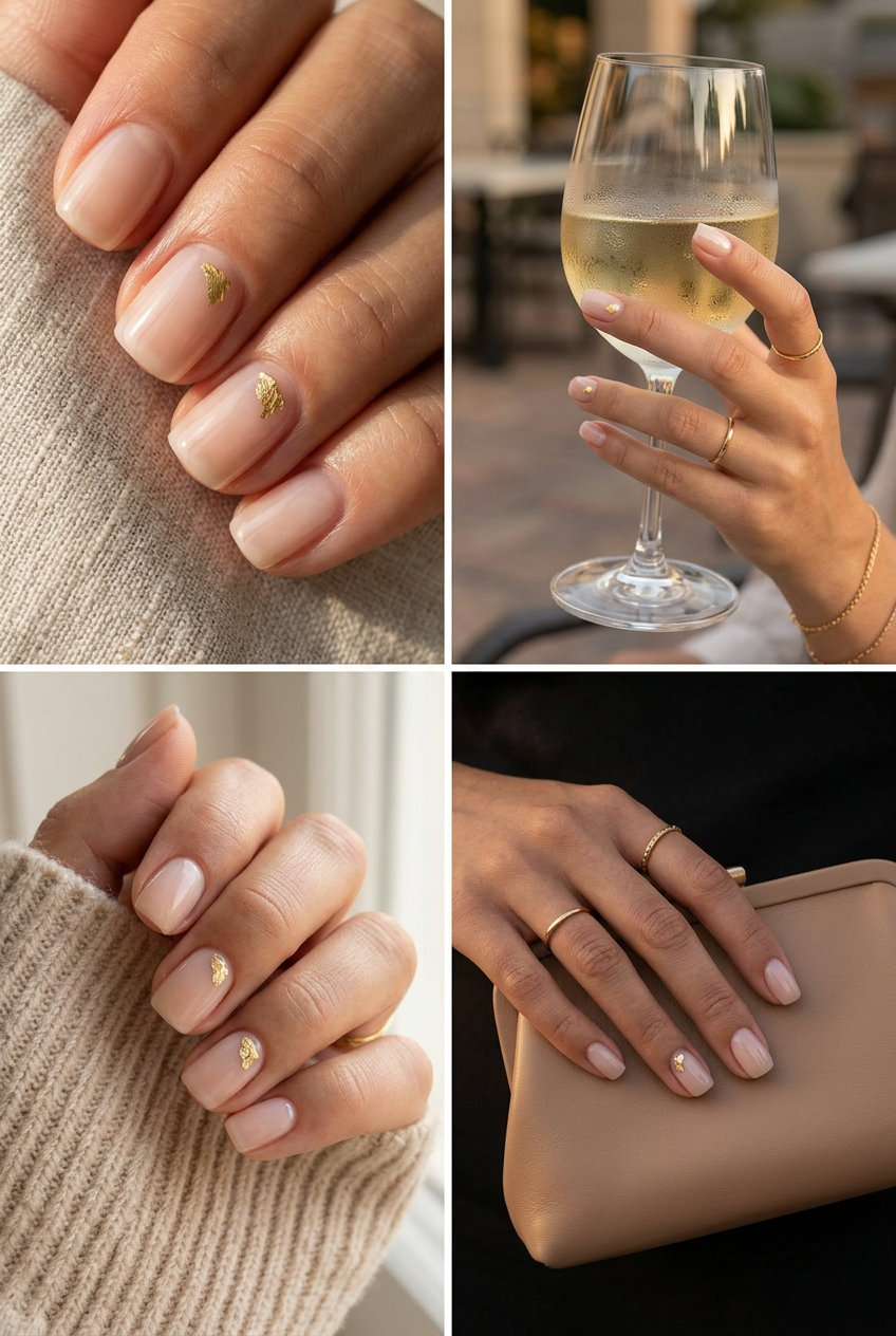 Minimalist Gold Leaf Nude Manicure | June 2026 Trends Minimalist gold leaf nude manicure: sheer nude base with elegant gold leaf accent. June manicure ideas - summer trends 2026.