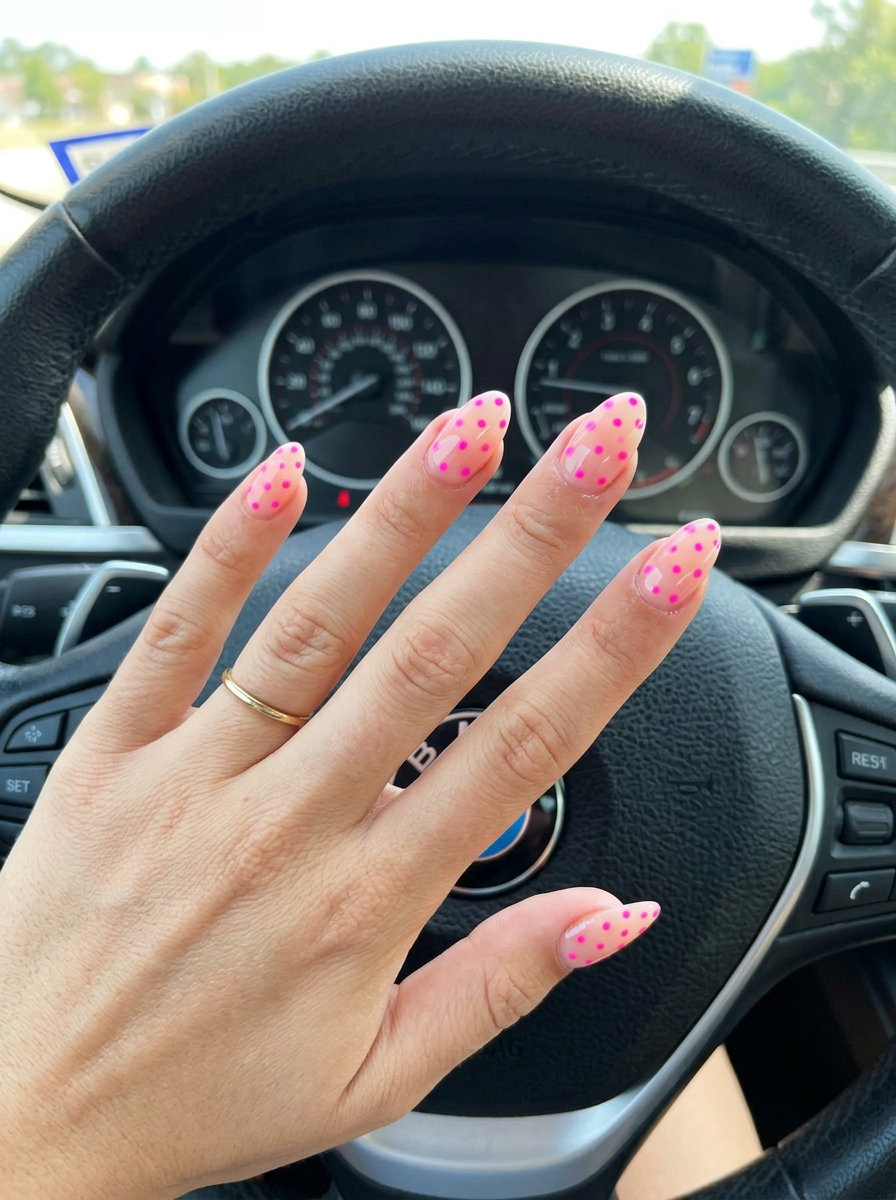 Neon Pink Tiny Dot Accent Nails - Summer Trends 2026 Neon Pink Tiny Dot Accent nails: clear base with playful neon pink dots for casual weekends.
