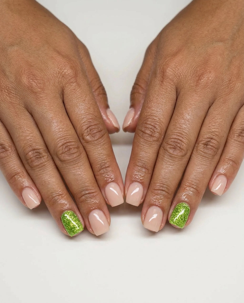 Sparkling Lime Accent Nails | June 2026 Trends Sparkling lime accent manicure: soft nude with vibrant lime green glitter accent. June manicure ideas - summer trends 2026.
