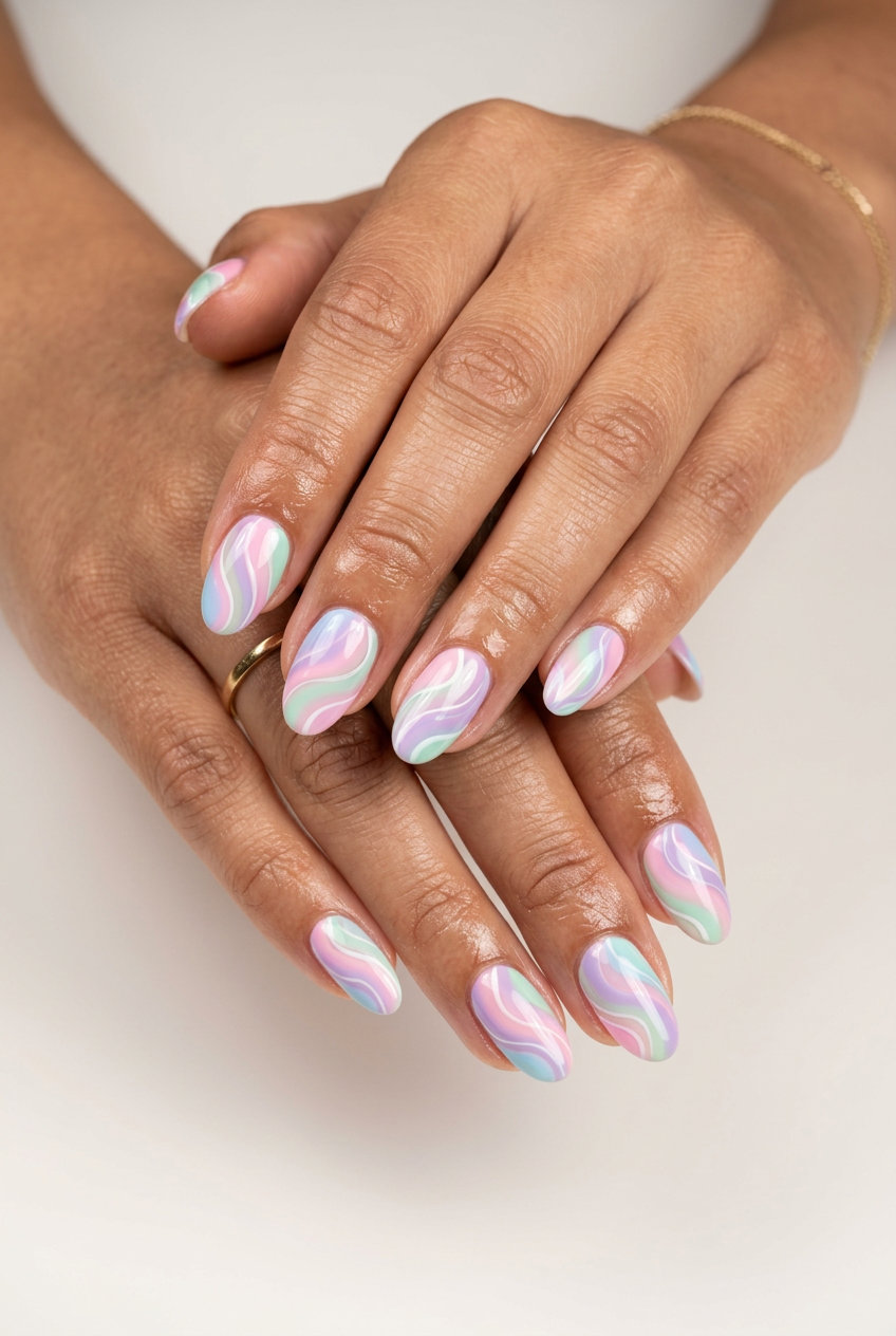 Pastel Abstract Swirl Nails - Summer Trends 2026 Dreamy pastel abstract swirl manicure, a summer trend 2026 for festivals and creative events.