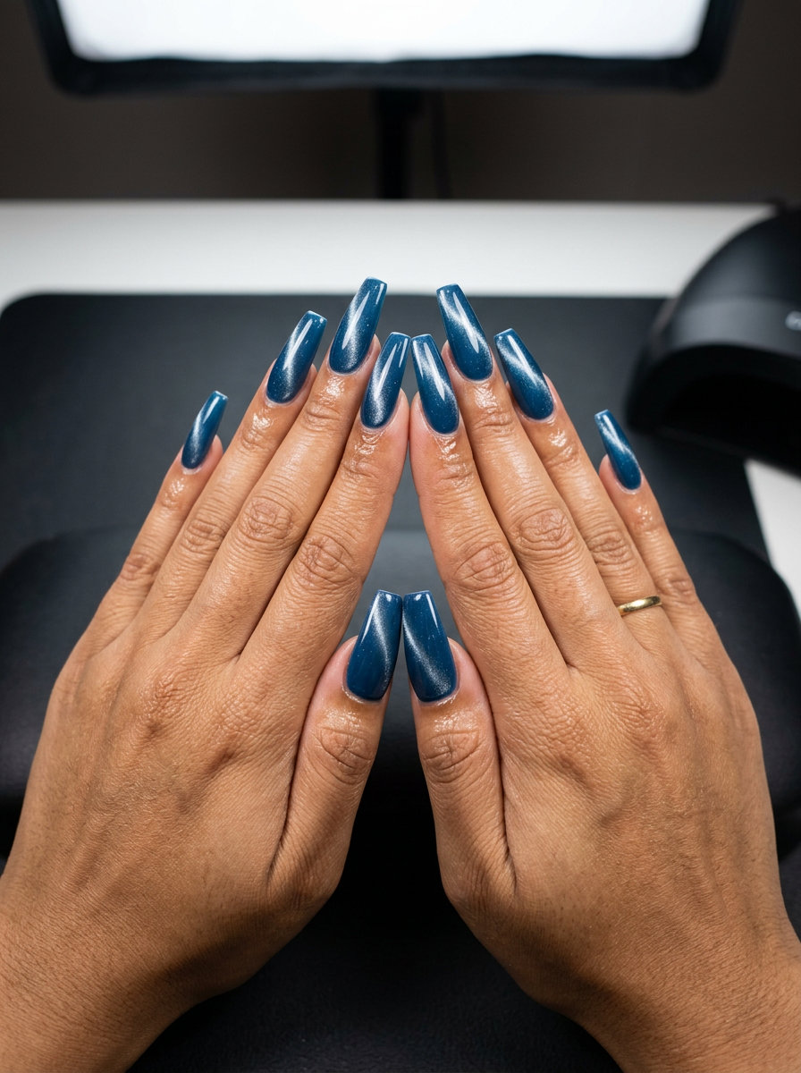 Deep Sea Cat-Eye Shimmer nails: deep ocean blue with silver cat-eye shift for evening events, parties. June nails colors - summer ideas 2026.