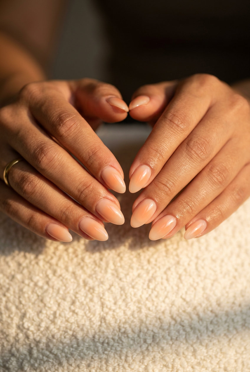 Milky Peach Aura Glow nails: sheer milky peach with lighter peach gradient for date night, daily wear. June nails colors - summer ideas 2026.