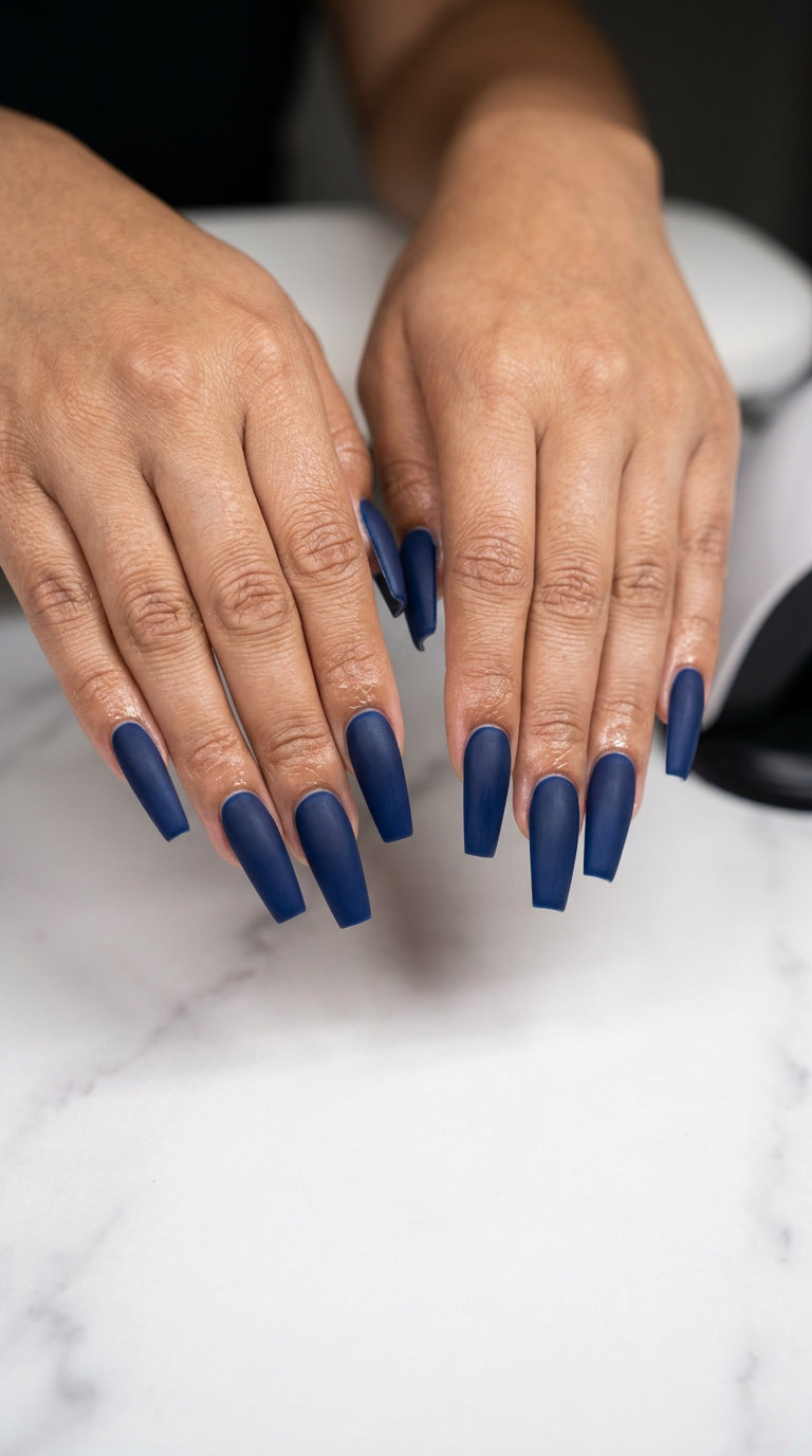 Deep Navy Velvet Dream nails: deep navy blue with velvet matte finish for formal events, evening out. June nails colors - summer ideas 2026.