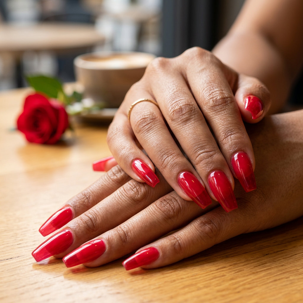 Juicy Strawberry Jelly Almond nails: sheer red jelly gel polish for summer vacation, festival, casual outings. June nails colors - summer ideas 2026.