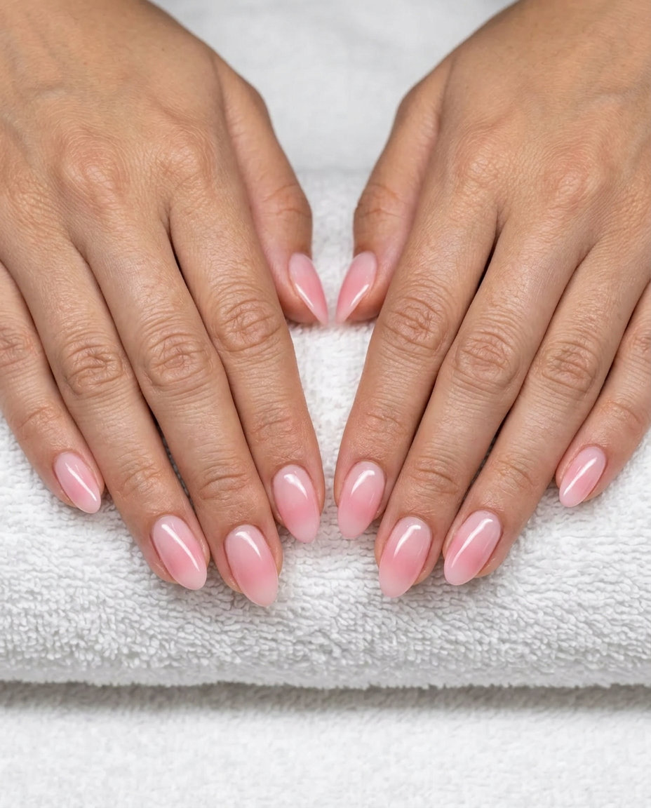 Ethereal aura pink nails for June 2026. Romantic, minimalist, perfect for weddings and elegant events.