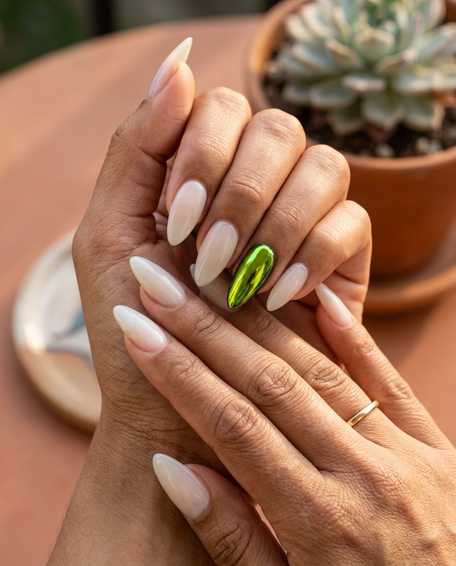 Lime Zest Chrome Accent nails for summer parties, festivals, edgy nights. June nails colors - summer ideas 2026.