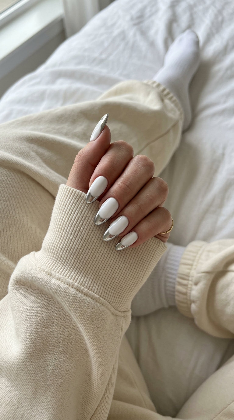 Lunar chrome French tips nails for June 2026. Futuristic, glamorous, perfect for formal events and date nights.