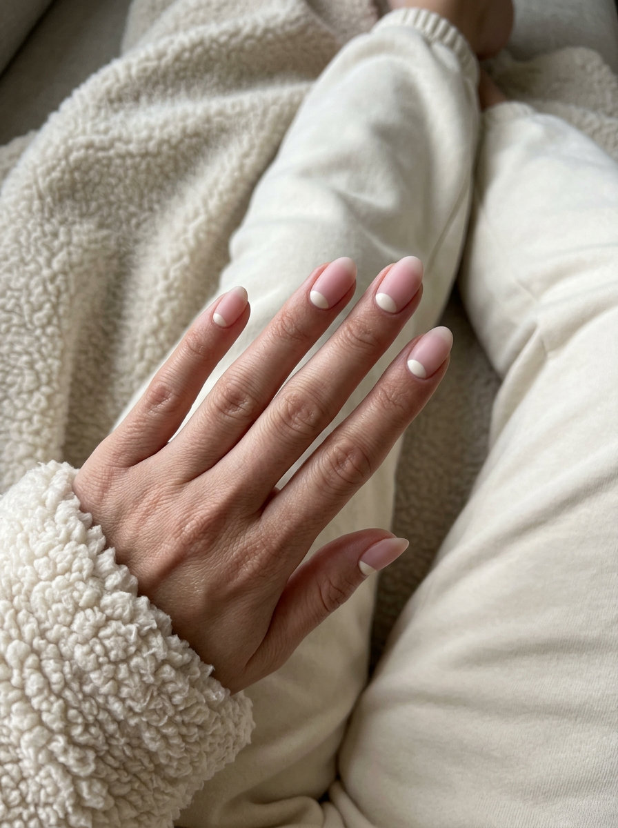 Nude pink crescent reverse French nails for June 2026. Minimalist, clean-girl, perfect for daily wear and work.