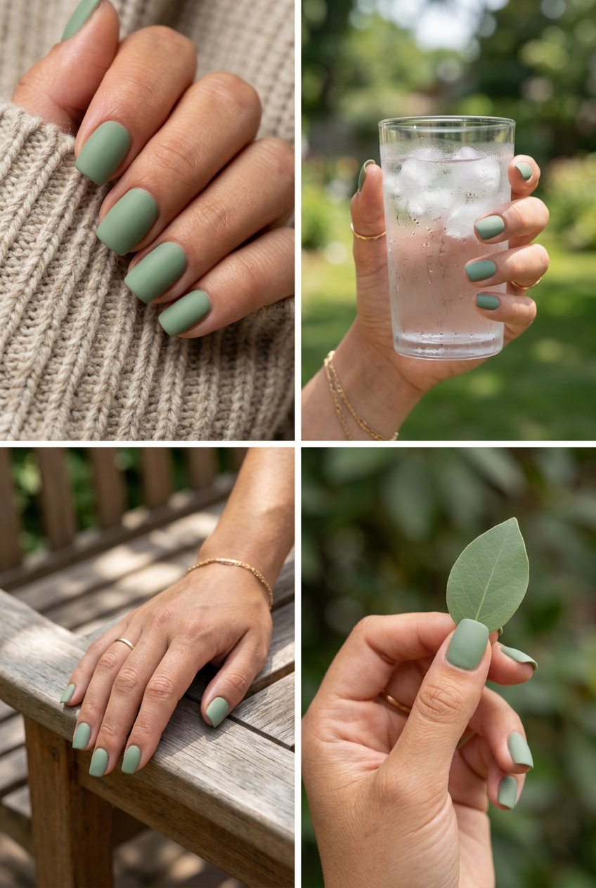 Earthy sage green matte nails for June 2026. Minimalist, calming, and perfect for work or daily wear.