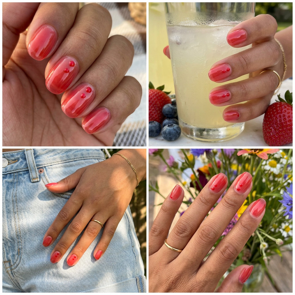 Strawberry Red Jelly Dots nails for casual day out, festivals, picnics. June nails colors - summer ideas 2026.