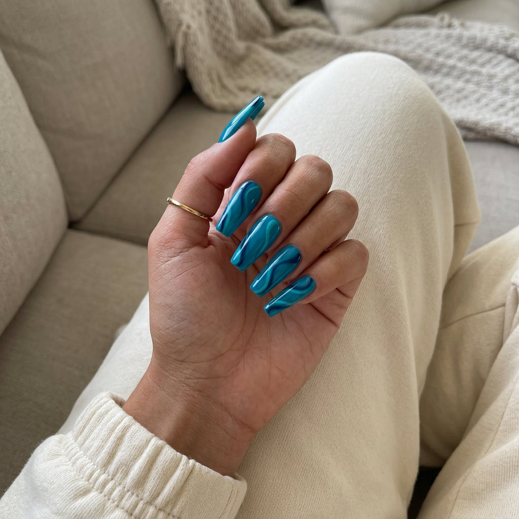 Teal Blue Abstract Ocean Swirls nails: teal blue with navy/light teal swirls for summer vacation, parties. June nails colors - summer ideas 2026.