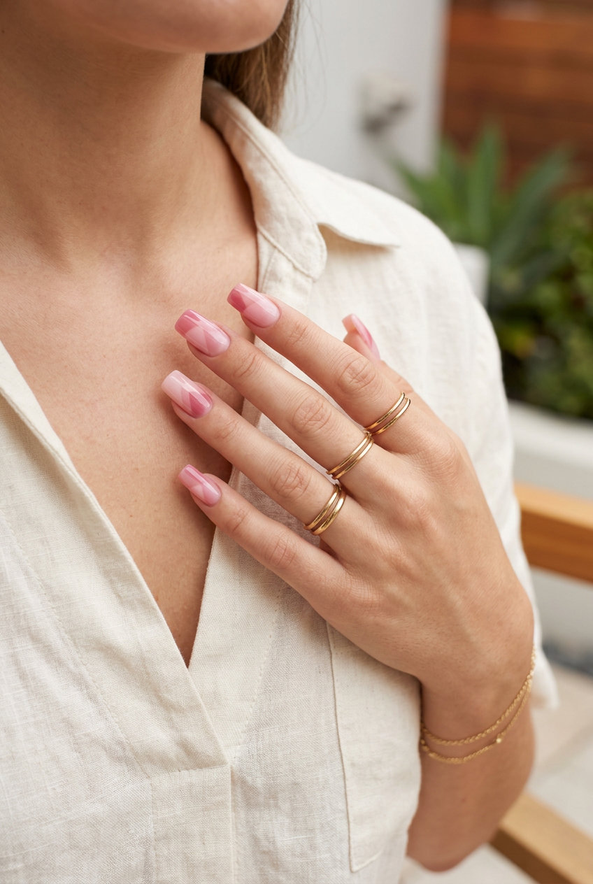 Blush color block abstract nails for summer 2026. Sophisticated and modern for work.