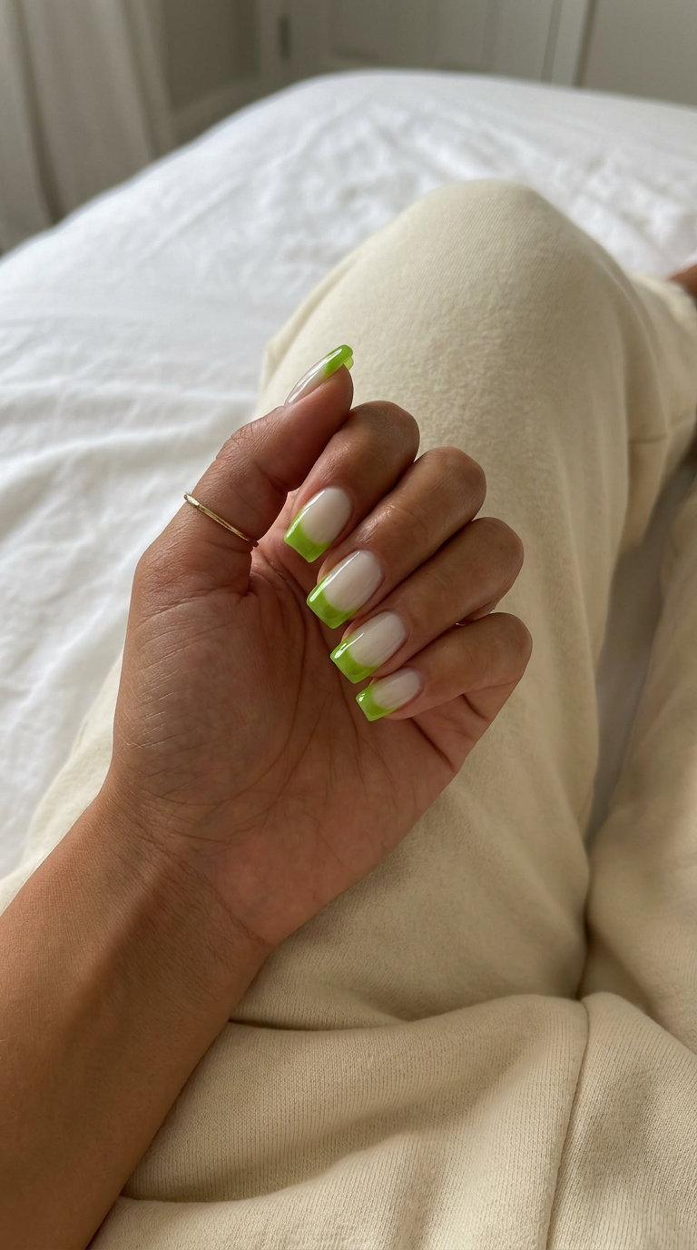 Lime green jelly French tip nails for summer 2026. Playful and vibrant for vacations.