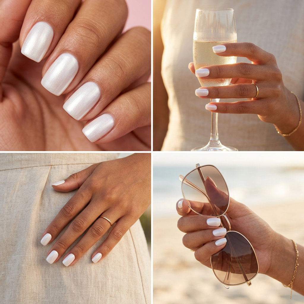 Ethereal milky white pearlescent cloud nine nails for weddings and formal events for June nails ideas - best for summer 2026.
