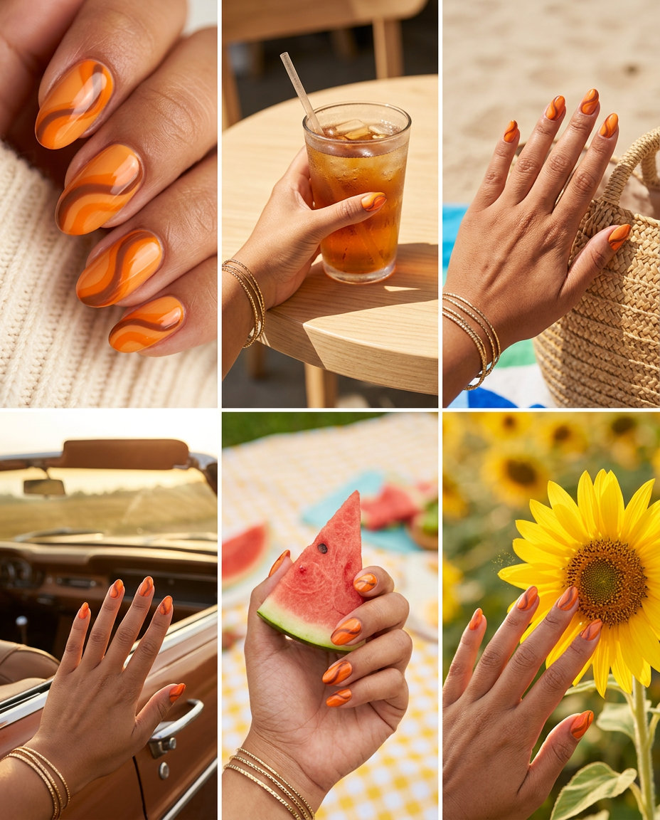 Retro 70s inspired orange and brown swirl nails with a matte finish for June nails ideas - best for summer 2026.