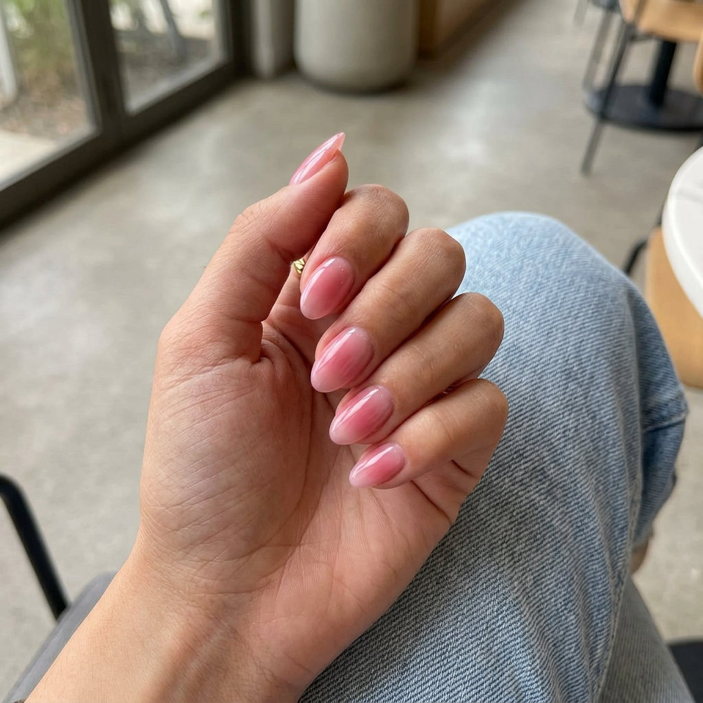 Sheer pink aura gradient nails for summer 2026. Clean and effortless for daily wear.