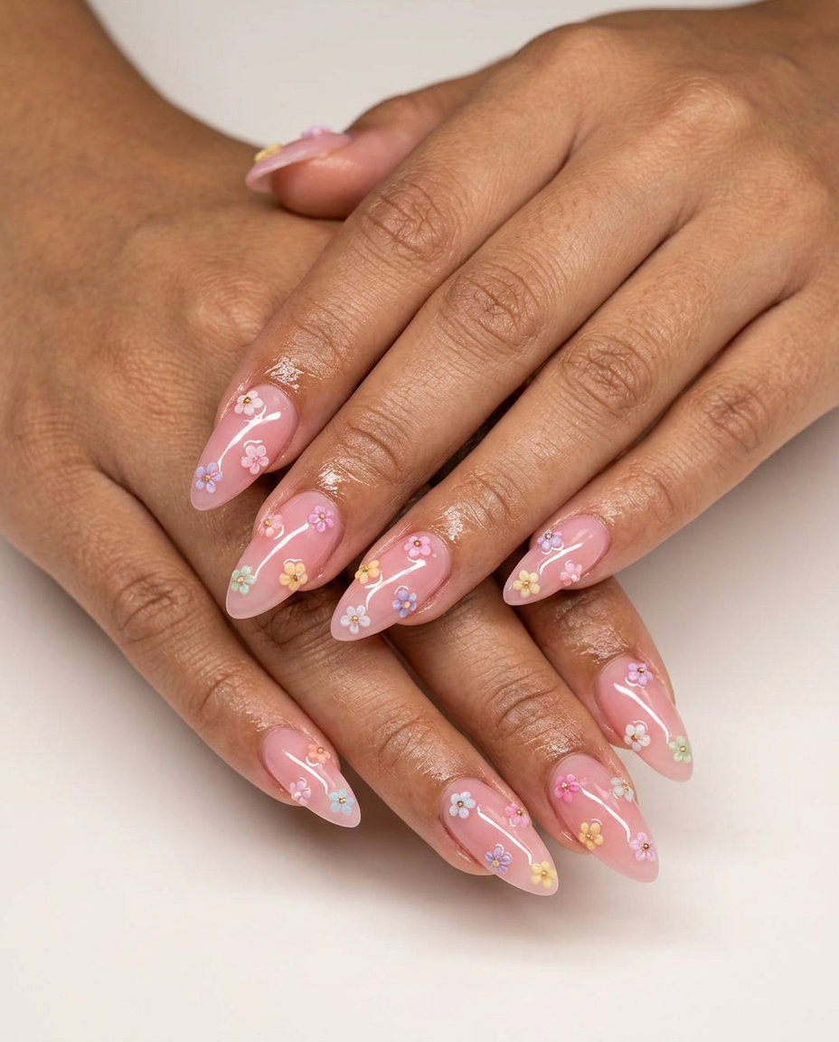 Whimsical sheer pink jelly nails with 3D pastel floral charms, perfect for June nails ideas - best for summer 2026.