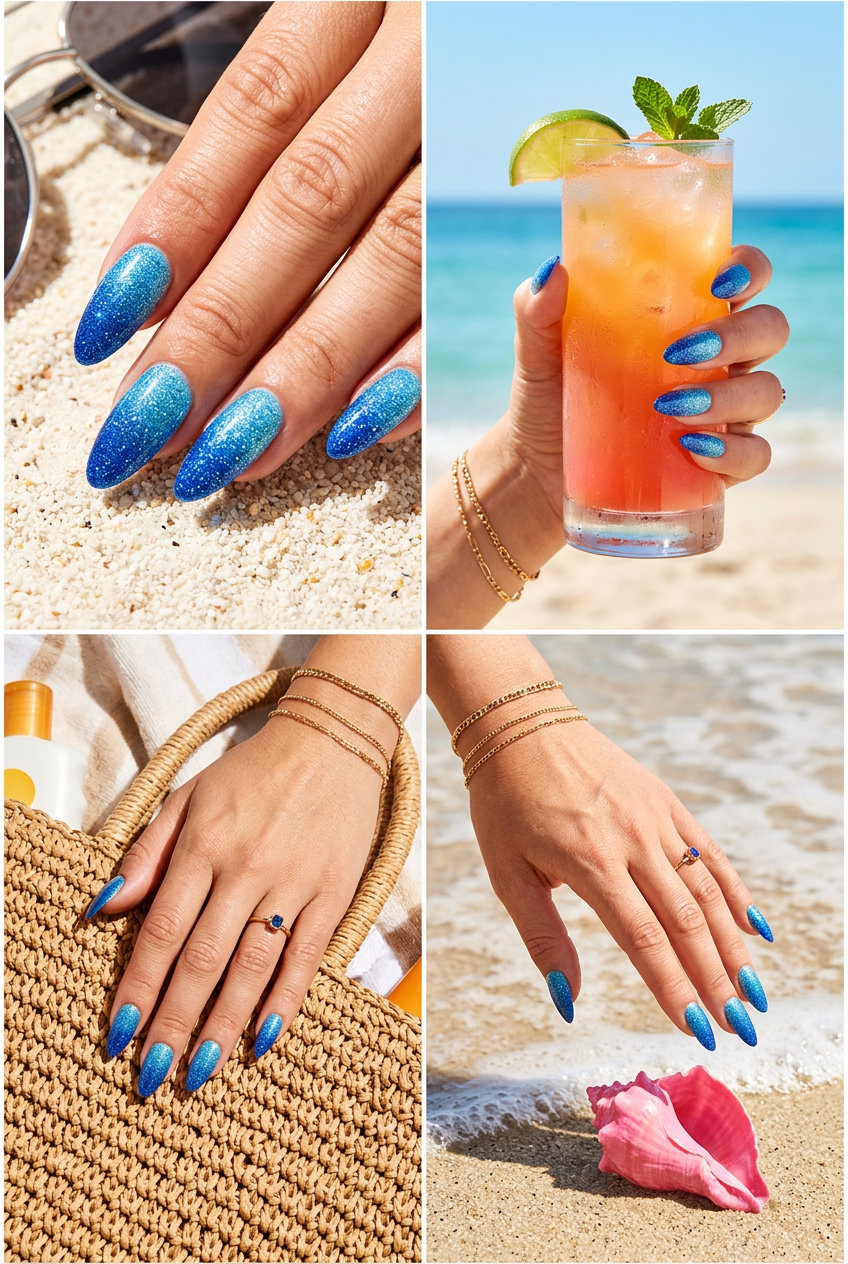 Sky blue glitter gradient nails for summer 2026. Dreamy and sparkly for festivals and parties.