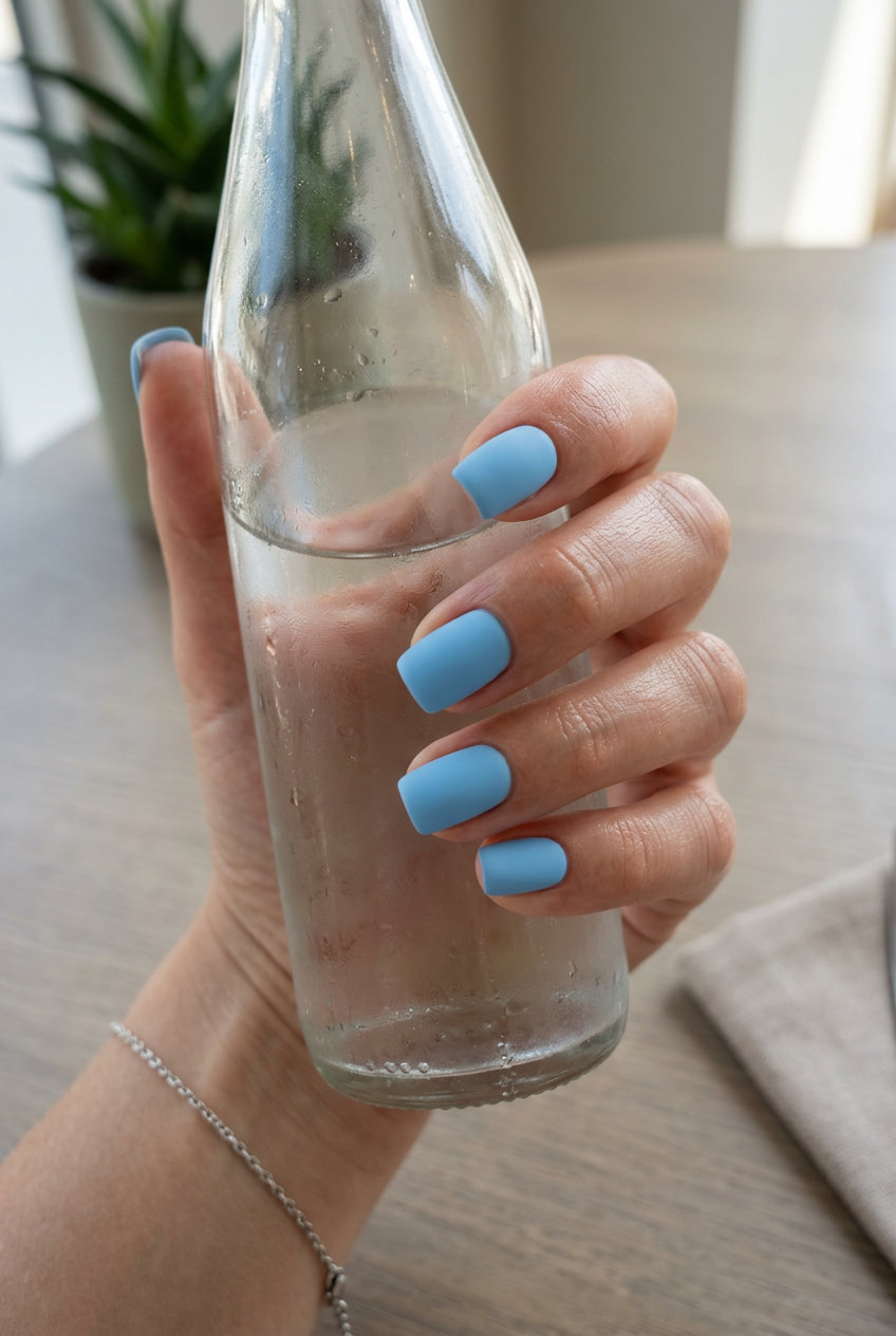 Sky blue solid matte nails for summer 2026. Minimalist chic for office and casual outings.