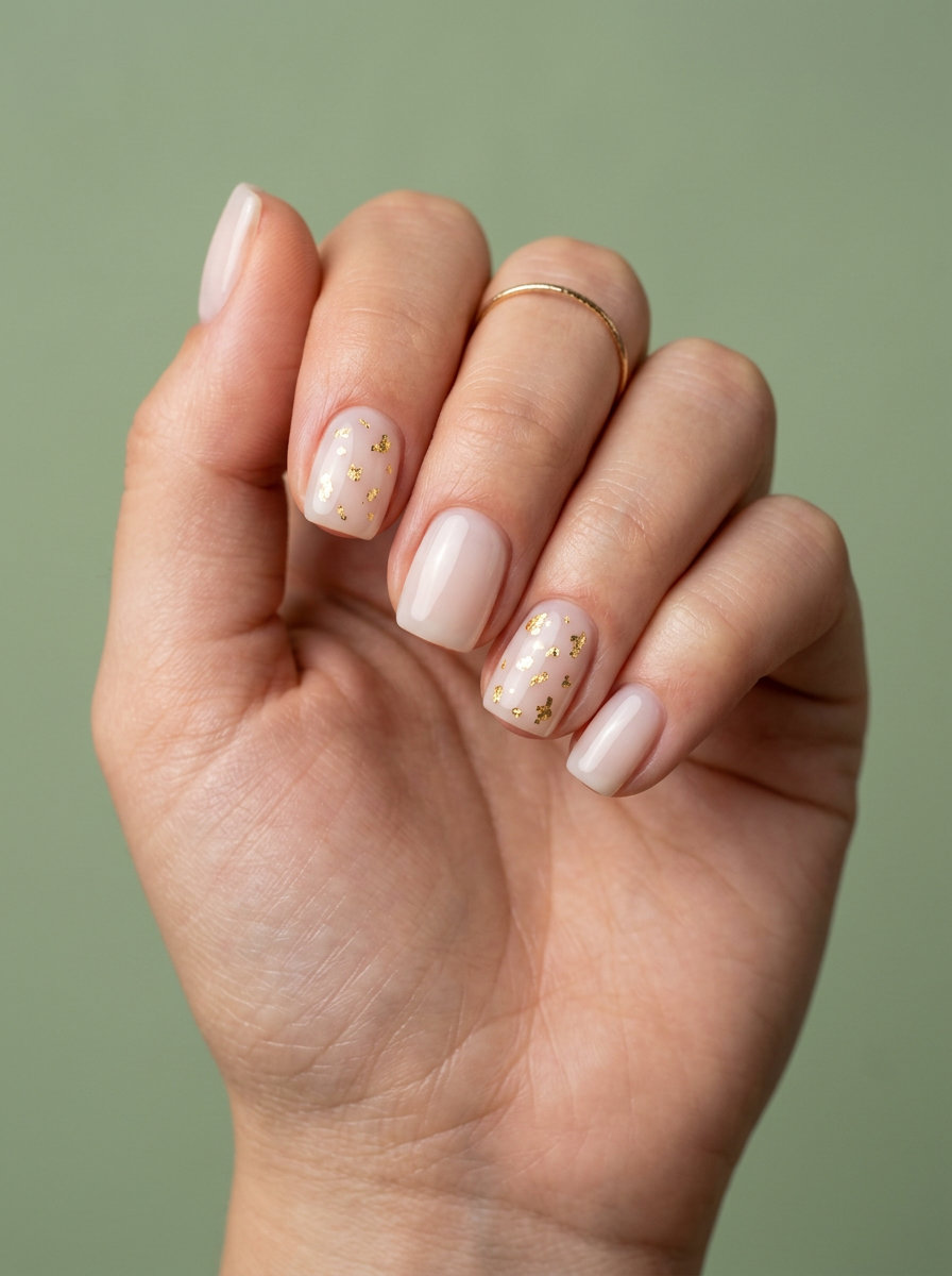 Sheer nude nails with gold foil flakes for summer 2026. Minimalist chic for casual weekends.