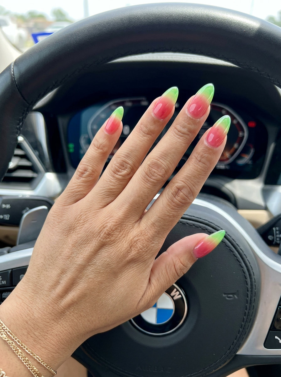 Juicy watermelon jelly ombre nails with pink and green for summer vacations for June nails ideas - best for summer 2026.