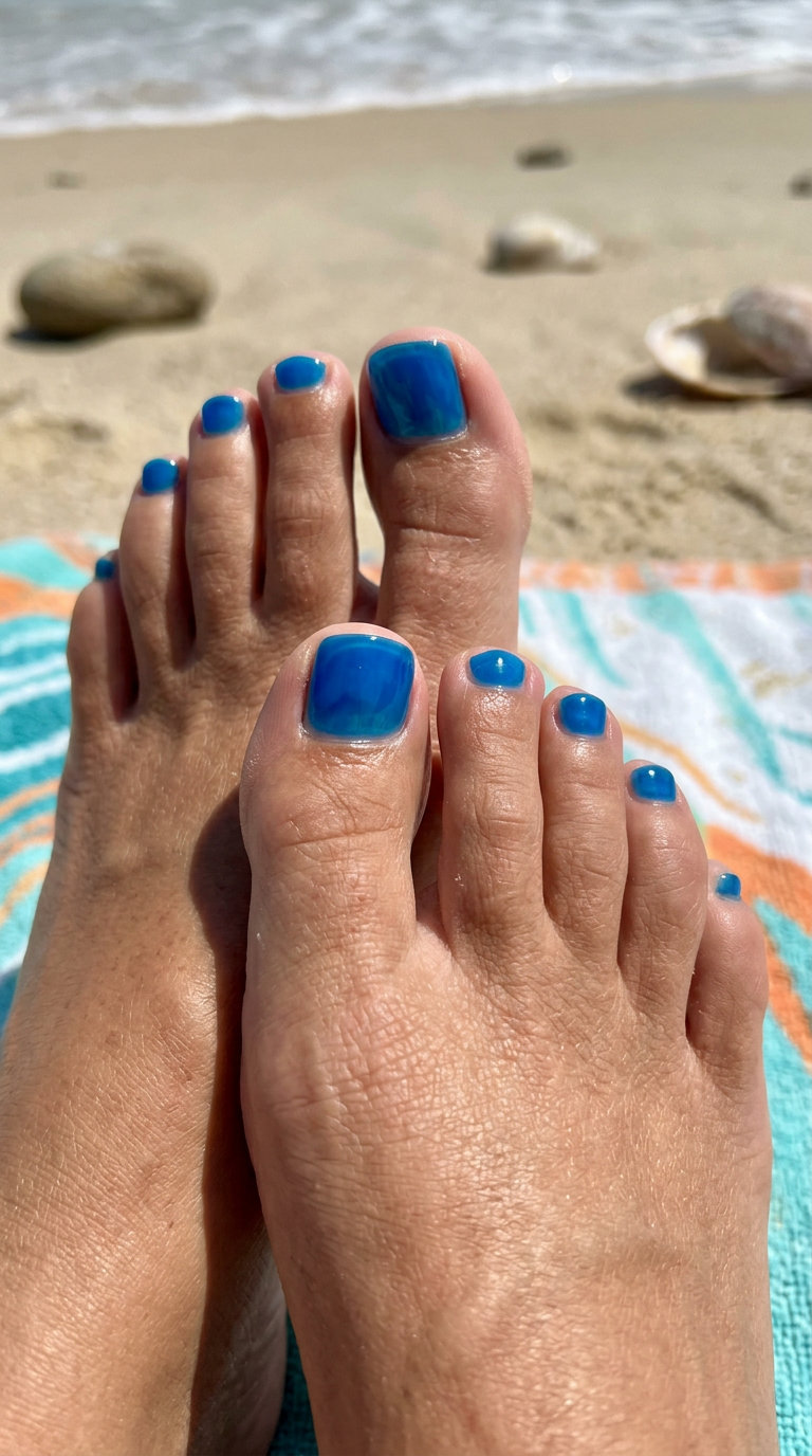 Electric Blue Jelly Pedicure - June Pedicure Ideas 2026 Vibrant electric blue jelly pedicure for playful beach days and summer vacation vibes.