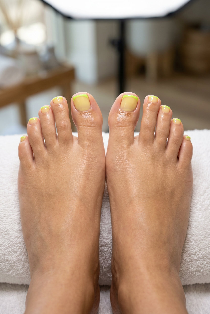 June Toe Nails: Electric Lime Micro French 2026 Electric Lime Micro French: Edgy neon lime green micro French tips on sheer yellow toenails for summer 2026 parties.
