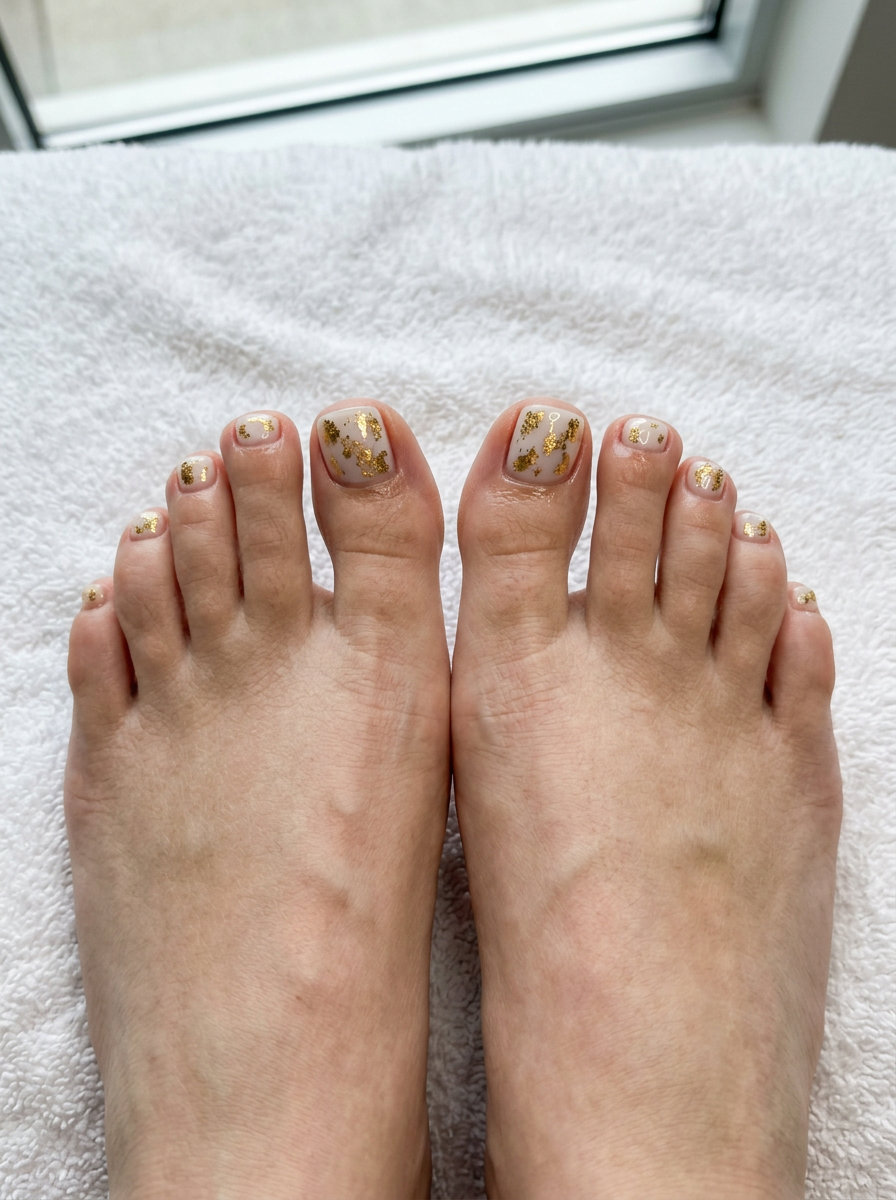 June Toe Nails: Gilded Summer Shimmer 2026 Gilded Summer Shimmer Toes: Glamorous gold foil flakes on sheer nude toenails for summer 2026 date nights.