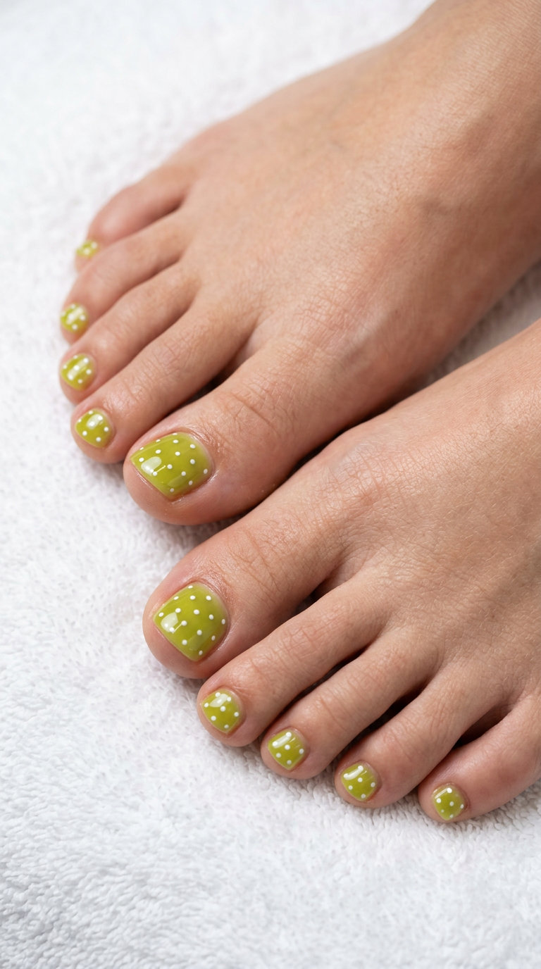 Whimsical Lime Green Jelly Dots - June Toe Nails Ideas 2026 Lime green jelly dots pedicure: Whimsical, fresh June toe nails ideas for summer 2026.