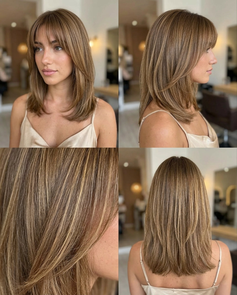 medium light brown hair with wispy birkin bangs and babylights for summer