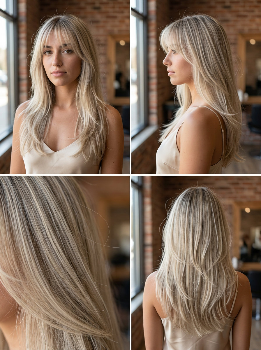 long layered haircut with cool linen blonde, ash babylights, wispy bangs — soft and effortless