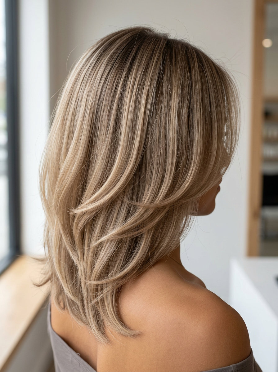 medium curve cut haircut in neutral linen blonde with beige babylights for summer 2026