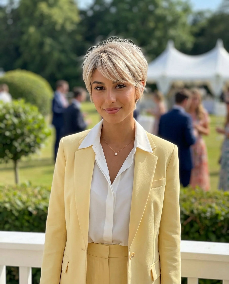 Textured Pixie Crop 2026: Chic Wedding Guest Style short textured pixie in linen blonde with razored layers and side-swept fringe for wedding guest