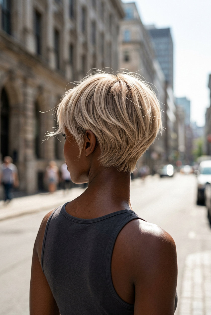 short linen blonde pixie cut with ash undertones and razored layers for summer
