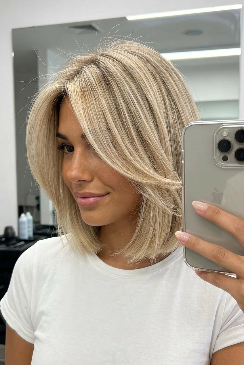 shoulder-length linen blonde bob haircut with neutral babylights, soft internal layers, deep side part — effortless