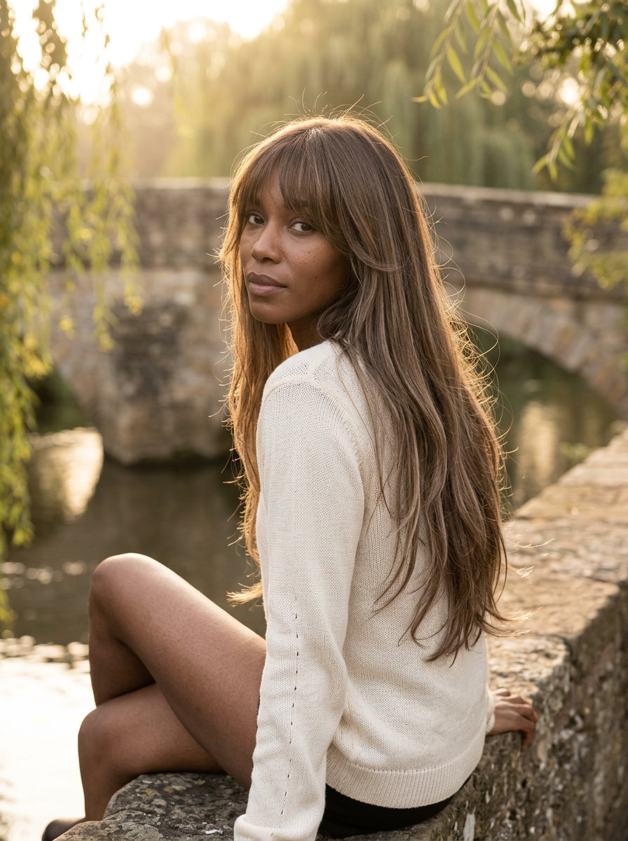 Romantic Birkin Bang Layers 2026 long linen brown wispy bangs haircut with cool balayage, cascading layers, and eyelash-grazing fringe for romantic summer
