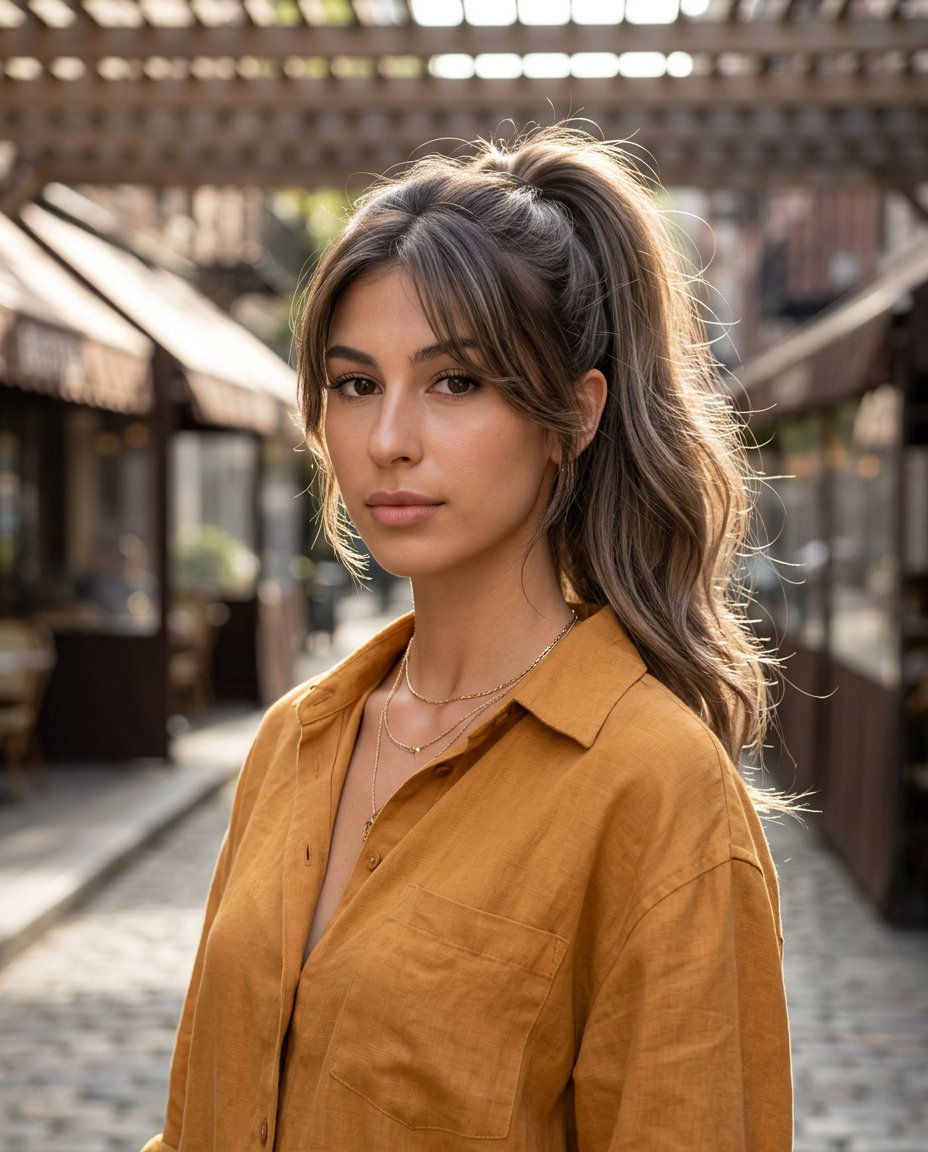 Retro Linen Brown Fountain Ponytail 2026 long linen brown ponytail with ash balayage and Birkin bangs, U-shaped back — retro