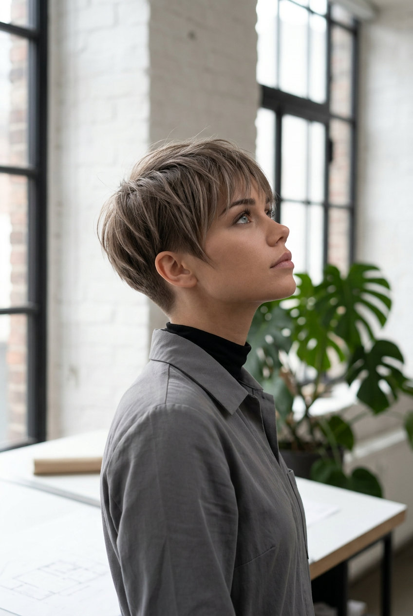 Linen Brown Pixie with Wispy Bangs 2026 very short pixie cut with cool linen brown, wispy bangs, and ash balayage for summer 2026