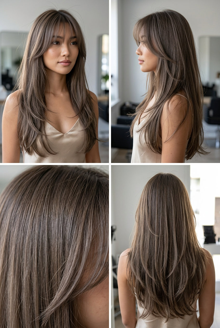 Linen Brown Long Hair with Wispy Bangs 2026 ultra-long hair with linen brown, wispy bangs, and ash undertones for summer 2026