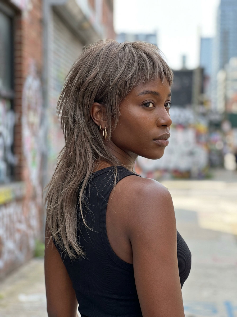 medium-length modern mullet with linen brunette hair, internal layers, and choppy bangs for creative work