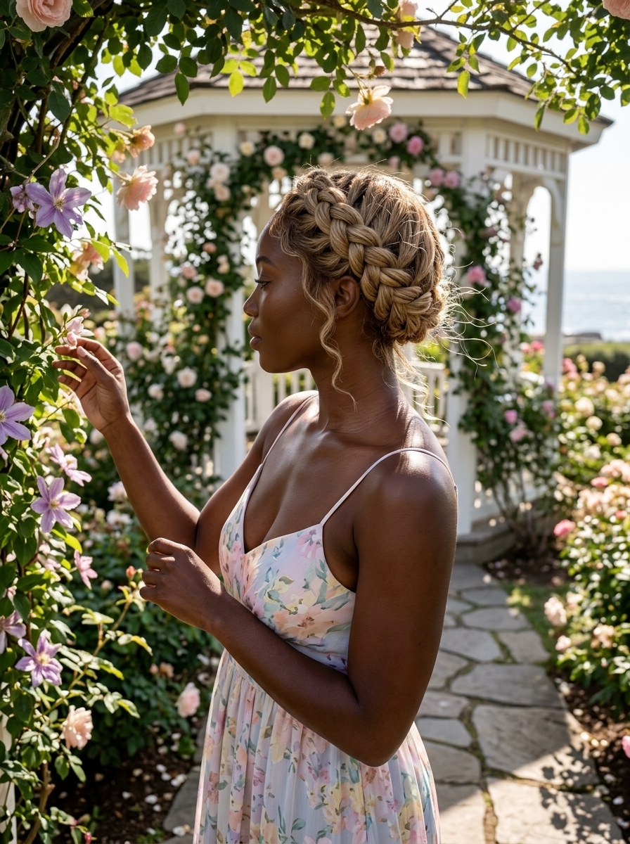 Twisted Crown Braid: Summer Easy Hairstyle 2026 long linen blonde twisted crown braid with soft gold undertones for summer easy hairstyle 2026